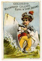 Celluloid Trade Card featuring a brown haired boy sailing on a collar